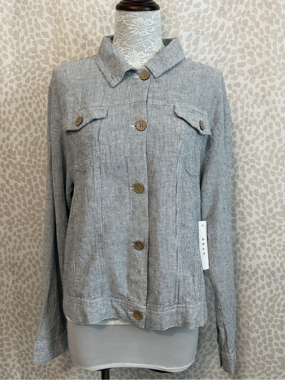 Blue-Gray & White Pin Stripe Button Front Cotton Blend Jacket